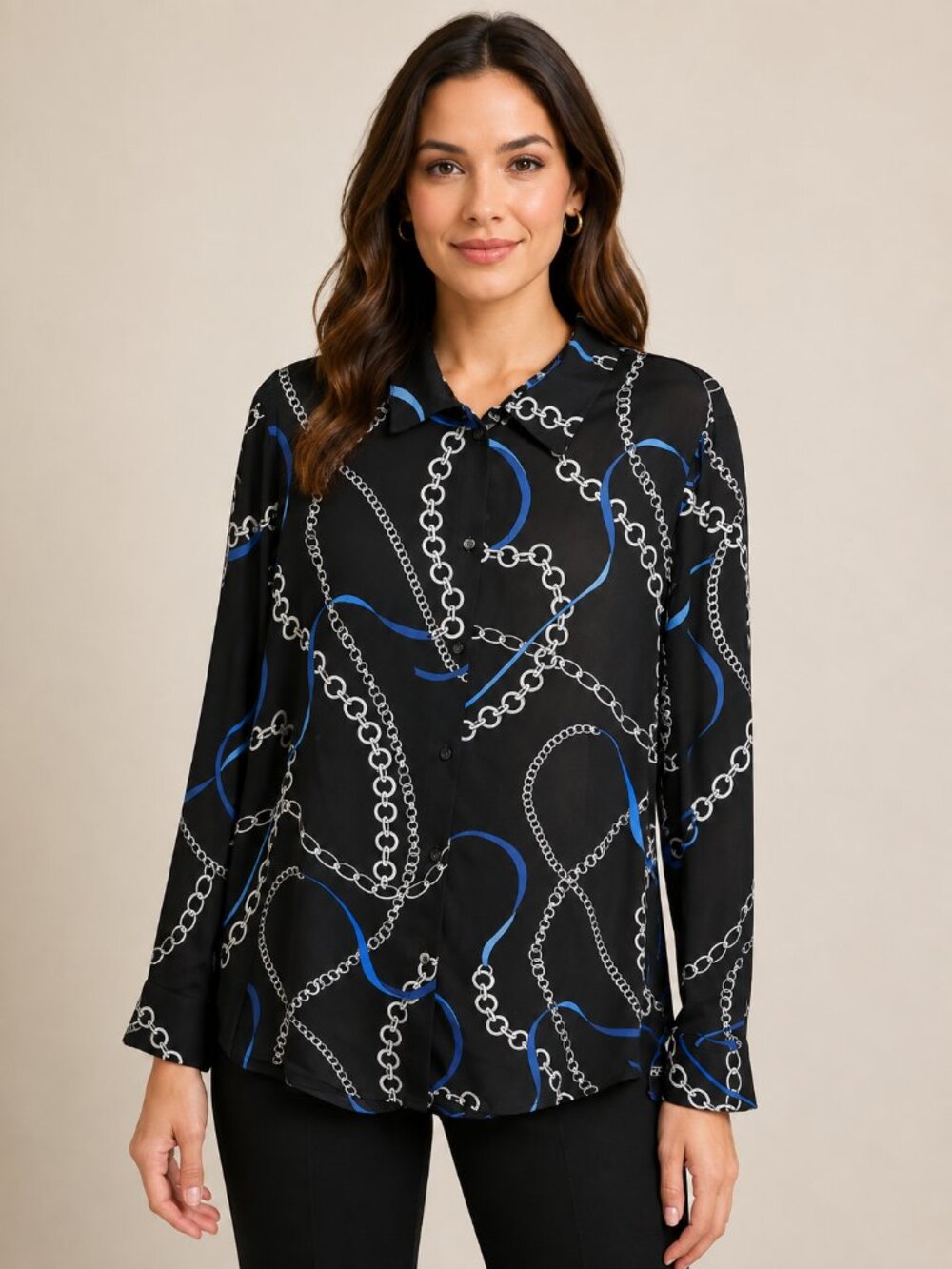 Chelsea & Theodore Black Blue Chain Link Print Long Sleeve Button Down Blouse